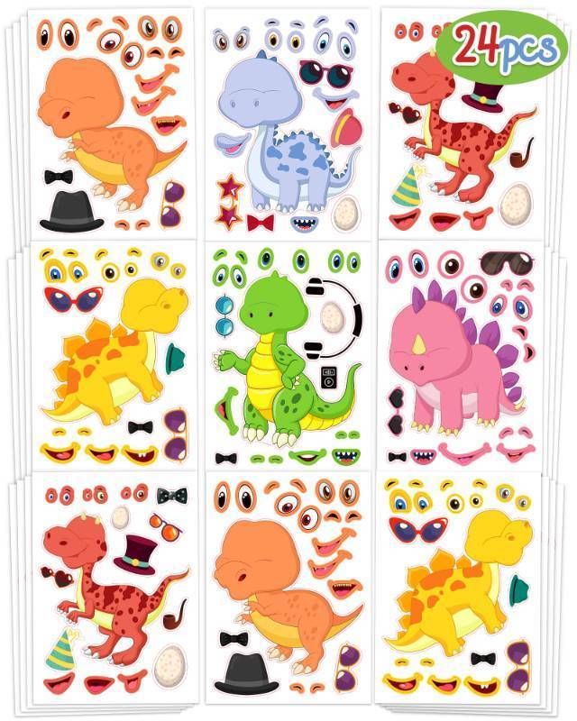 lot 17905 image: 24 Pcs Make Your Own Dinosaur Sticker Sheets, Dinosaur Party Favors Face Stickers for Kids Boys Toddlers Crafts Activities Gift Bags Birthday Party Valentines Day Gifts for Kids Classroom - Retail $8