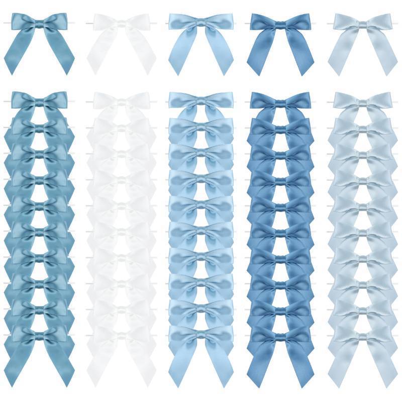 lot 17923 image: 6 Colors Pre-Tied Dusty Blue Satin Ribbon Bows for Crafts 3.5 Small French Blue Twist Tie Bows Decor for Coquette Birthday Party Decorations, Wedding, Gift Wrapping, Treat Bags (60 Pack) - Retail $17