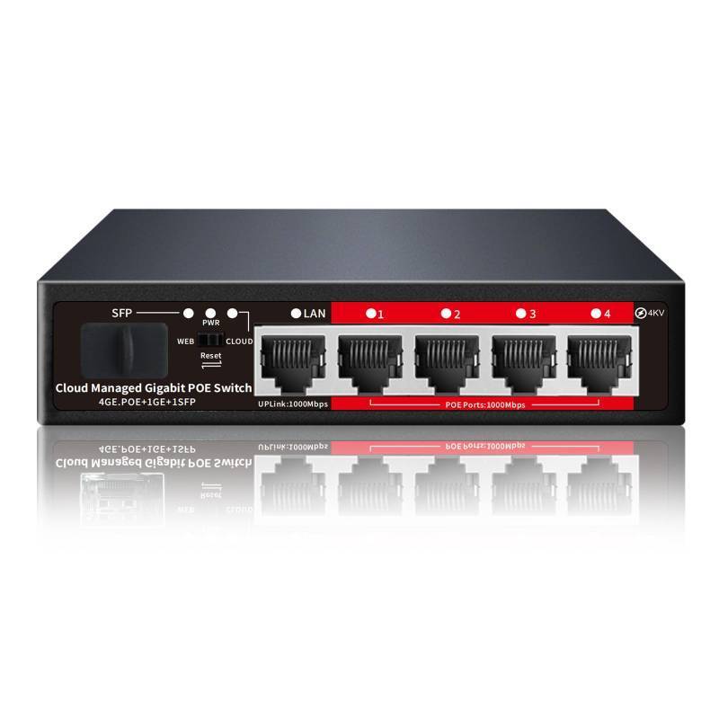 lot 17924 image: Poe Switch, 5 Port Gigabit PoE Switch, Easy Managed Gigabit Ethernet Switch, 4 Poe Ports 52W, 1 Uplink Ports, 1 SFP Slot, APP Smart Managed, Overload Protection w Port - Retail $29