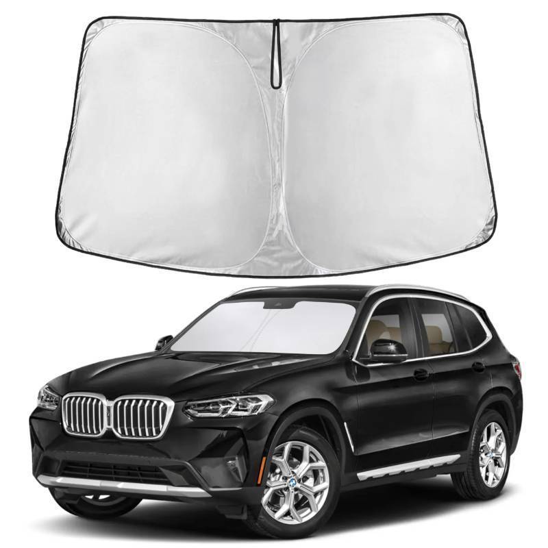 lot 18008 image: Windshield Sunshade Compatible for BMW X3 2018-2024, 2025, 2026 Including sDrive30i, xDrive30i, M40i, and Hybrid Trims, Sun Visor for Front Window Sun Shade Cover, Car Accessories - Retail $17