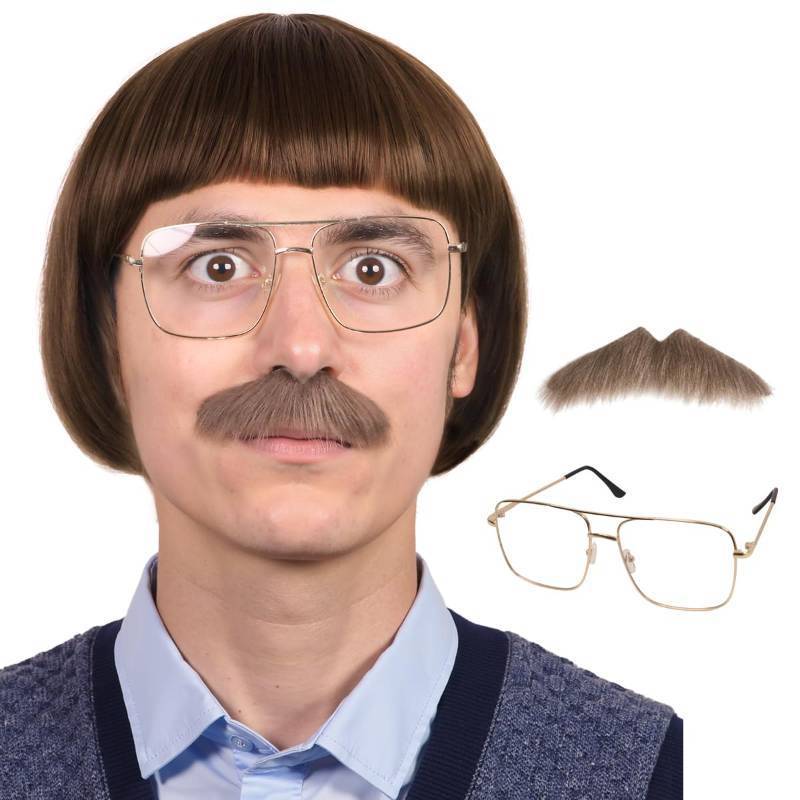 lot 28258 image: Short Straight 60 70s Bowl Cut Funny Wig with Glasses and Mustache for Men Crazy Mushroom Cosplay Wig for Halloween (Dark Brown) - Retail $22