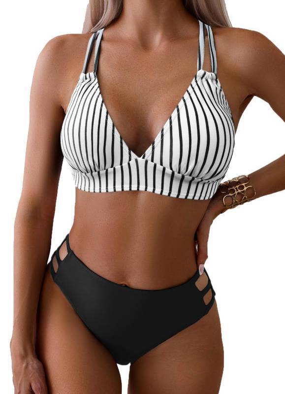 lot 28274 image: Womens V Neck Bikini Sets Hollow Out Push Up Swimsuit Criss Cross Back Two Piece Bathing Suit Black Stripe M - Retail $27