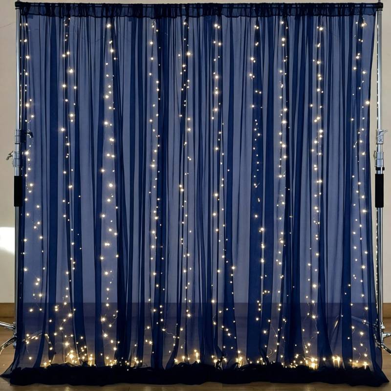 lot 28299 image: 10�10ft Navy Blue Tulle Backdrop Curtain with Lights String for Parties, Sheer Photo Backdrop Curtains for Wedding Party Photography Background - Retail $29