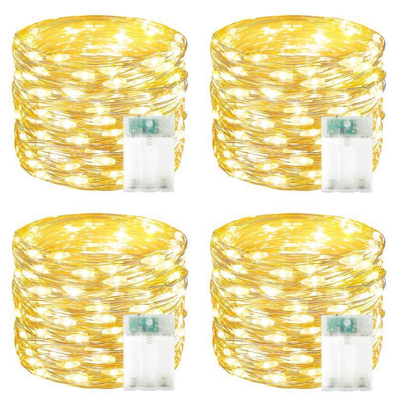 lot 28329 image: 4 Pack 60 LED Fairy Lights Battery Operated with Timer, 20FT Waterproof String Lights Indoor Outdoor, Cuttable Battery Light for Home Bedroom Wedding DIY Centerpiece Christmas Decorations (Warm White) - Retail $18