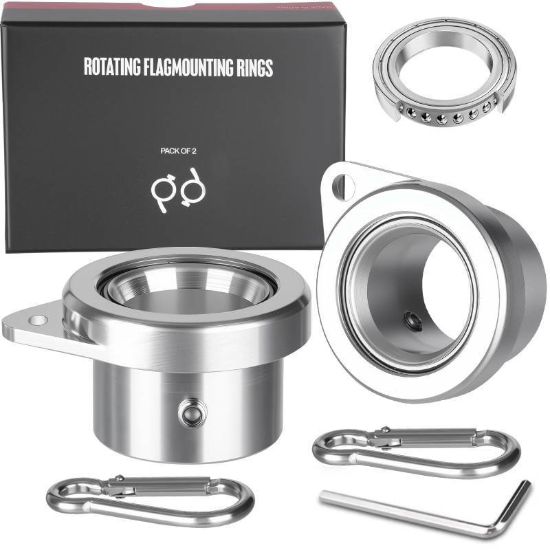 lot 28365 image: Bearing Steel Ball Flag Pole Rings, Tangle Free Aluminum Alloy Flag Pole Spinners, 360° Rotating Flagpole Rings with Carabiners, Fit Flagpole with 0.75-1inch Diameter, Flagpole Parts, 1 inch Silver - Retail $14