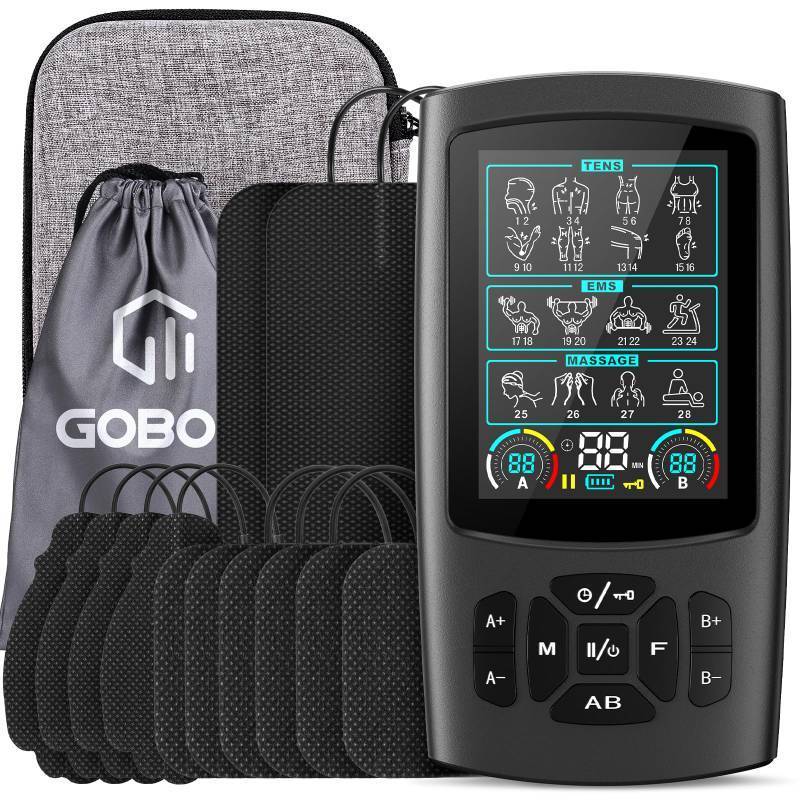 lot 28419 image: Unit Muscle Stimulator, Rechargeable Dual Channel TENS EMS Machine, 28 Modes,40 Intensity Levels, 3.8-in Color Display, 12 Electrode Pads & EVA Case, Back Neck Shoulder Leg Pain Relief - Retail $46