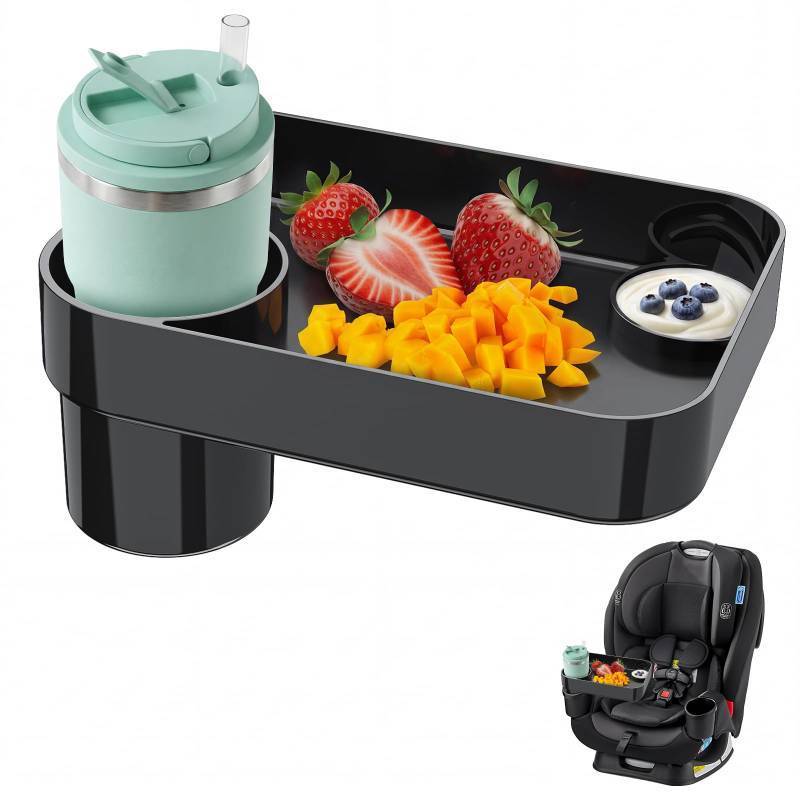lot 73014 image: Toddler Car Seat Snack Tray - 3 Inch Cup Holder with Dip Well Fits Most Sippy Cups & Straw Bottles, Mess-Free Square Kids Travel Tray Road Trip Essentials, Black - Retail $20