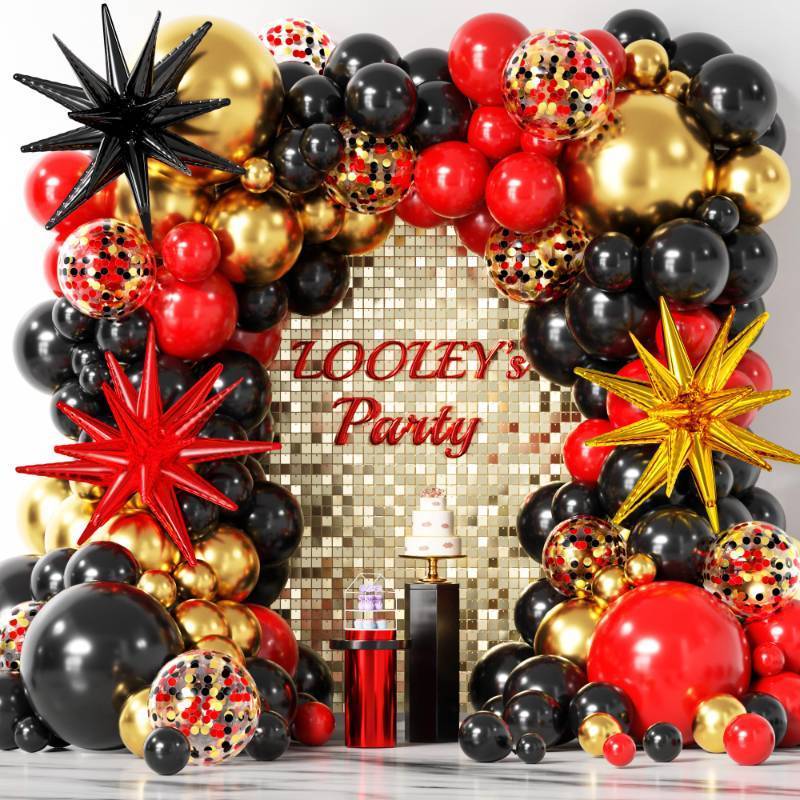 lot 73059 image: 137Pcs Red Black Gold Balloons Garland Arch Kit with Stars - 5 10 12 18 inch Red Black Gold Confetti Latex Balloons for Graduation Hollywood Casino Theme Party Decorations - Retail $12