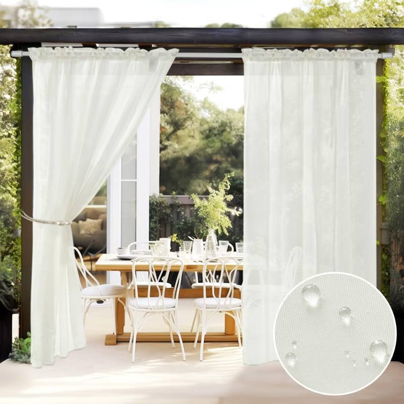 lot 73116 image: Outdoor Sheer Curtain for Patio Waterproof - 2 Panels Ivory Privacy Drape Voile Curtain Rod Pocket for Porch,Pergola, Cabana, Gazebo, 54 X 84 Inch Long - Retail $17