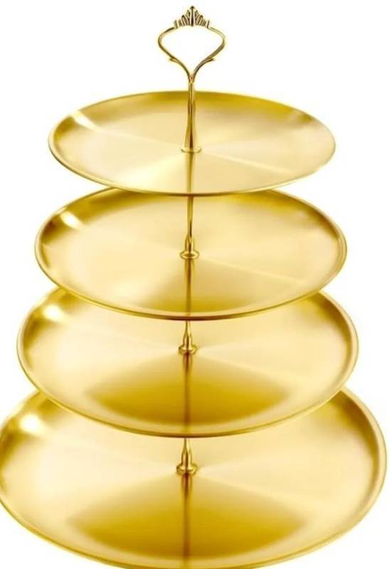 lot 38420 image: 4 Tier Stainless Steel Cupcake Stand, Gold Metal Serving Tray Cake Holder Cake Display Stand for Holiday Dessert Table Decorations Birthday Party Wedding - Retail $27