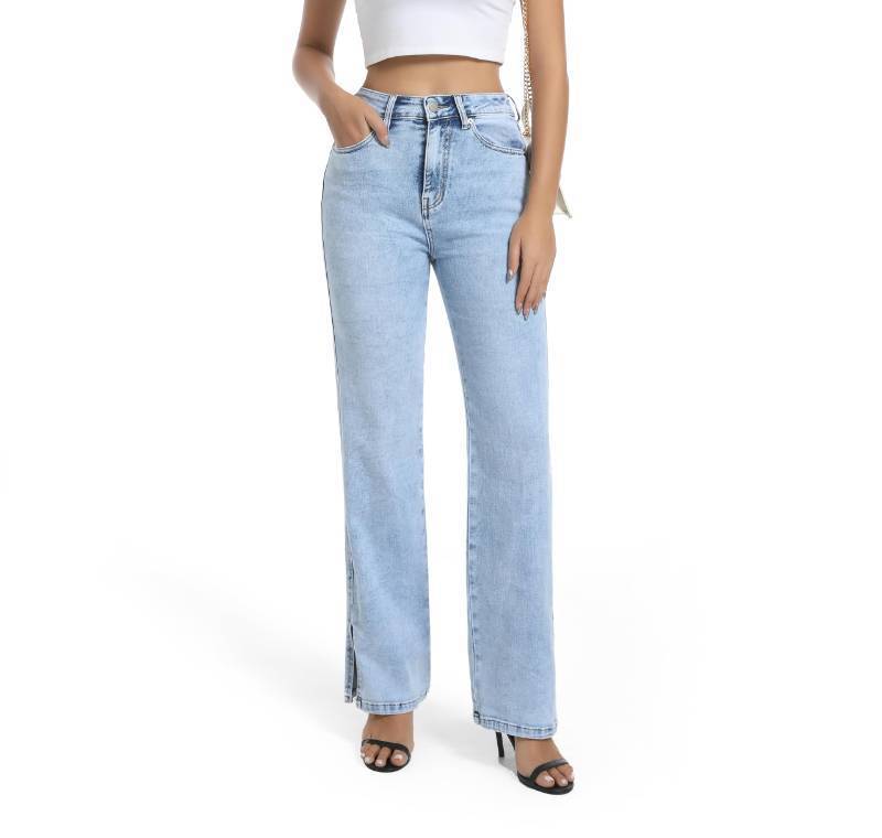 lot 38654 image: Womens Jeans High Waisted Stretchy Straight Leg Split Hem Jeans for Women Trendy Classic Denim Light Blue Size 8 Long - Retail $34