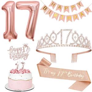 lot 1589 image: 17th Birthday Decorations Set, Tiara and Sash Party Kit, Missing Banner - Retail $13
