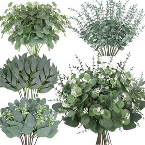 lot 1607 image: Palonu 150 Pcs 4 Kinds Mixed Artificial Eucalyptus Leaves Stems Bulk Fake Silver Dollar Eucalyptus Bundle Faux Plants Greenery for DIY Bouquets Floral Arrangement Wedding Engagement Party Decor - Retail $23