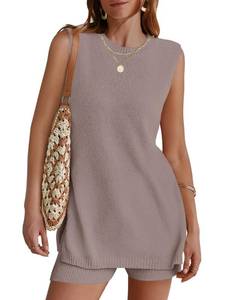 lot 1608 image: NENONA Womens Summer Sleeveless Sweater Lounge Sets Casual Knit Tunic Tops and Shorts 2 Piece Vacation Outfits,Camel,M - Retail $40