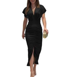 lot 1614 image: CHICME Summer Dresses for Women Plunge V Neck Midi Dress-Solid Black-Medium - Retail $35