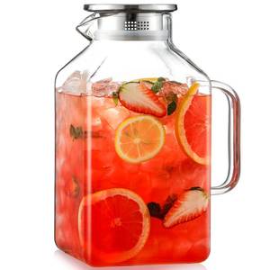lot 1622 image: 1 Gallon Square Glass Pitcher with Lid and Spout, Borosilicate Glass Carafe for HotCold Drink, Water Pitchers with Handle for Fridge, Extra Large Jug for Iced Tea, Coffee, Juice, Beverage - Retail $33
