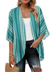 lot 1627 image: Womens Kimono Cardigans Beach Cover ups Swimwear Puff Sleeve Loose Casual Summer Tops 2026 (Green Vertical Stripe,S) - Retail $9