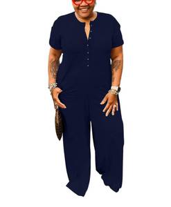lot 1632 image: YeGine Plus Size Women Short Sleeve Loose Jumpsuit Casual Rompers One Piece Button Up Wide Leg Jumpsuits Navy Blue 2XL - Retail $30