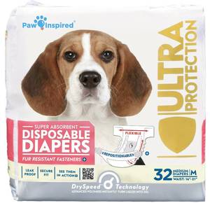 lot 1638 image: Paw Inspired 32ct Disposable Dog Diapers  Female Dog Diapers Ultra Protection  Diapers for Dogs in Heat, Excitable Urination, or Incontinence (Medium) - Retail $23
