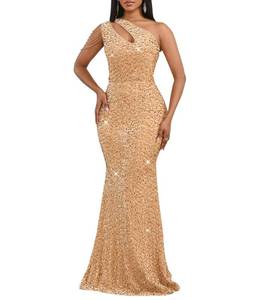 lot 1657 image: Cololura Women Sequin Elegant Sexy One Shoulder Tassel Oblique Collar Mermaid Bodycon Cocktail Evening Dress Apricot M - Retail $67