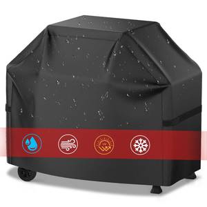 lot 1673 image: Grill Cover, 58 inch BBQ Gas Grill Cover for Outdoor Grill, Waterproof, Anti-UV, Rip-Proof, Fade Resistant Material, Barbecue Cover with Hook-and-Loop Straps & Adjustable Hem Drawstring, Black - Retail $20