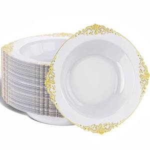 lot 1684 image: Nervure 50PCS White Plastic Bowls with Gold Rim - 12oz Disposable Soup Bowl - Retail $26
