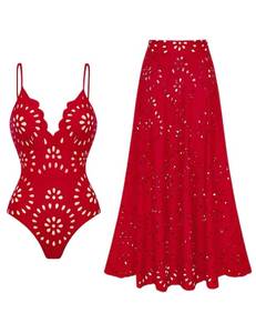 lot 1709 image: FLAXMAKER Womens One Piece Bathing Suit Petal Hollow V Neck Swimsuit and Skirt(Red,S) - Retail $67