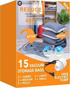 lot 1710 image: GONGSHI Vacuum Seal Bags for Clothing Travel & Home Storage, Travel Vacuum Bags with Electric Pump,Space Saver for Blankets, Comforters, Pillows, Clothes,15 Combo - Retail $24