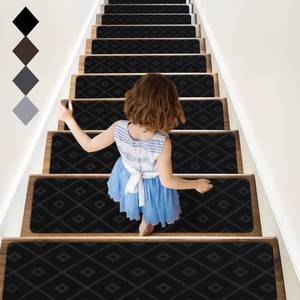 lot 1713 image: RIOLAND Non-Slip Carpet Stair Treads for Wooden Steps, 15 Pack Indoor Stair Runner with Reusable Adhesive Modern Anti Moving Safety Stair Rugs for Kids Dogs & Elders, 8 X 30, Rhombus Black - Retail $471