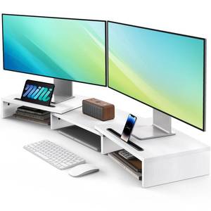lot 1732 image: AMERIERGO Dual Monitor Stand Riser- 3 Shelf Screen Stand with Adjustable Length and Angle, 2 Extra Functional Slot Desktop Organizer Stand for PC, Computer, Laptop (White) - Retail $33