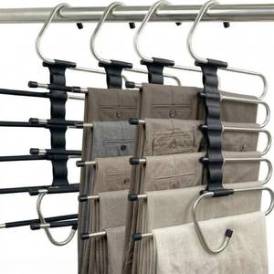 lot 1758 image: Pants Hangers Space Saving, 5 Tier Jeans Hanger for Closet, Black Multiple Heavy Duty Stainless Steel Pant Rack for Trousers, Legging with 20 Clips (4 Pack) - Retail $35