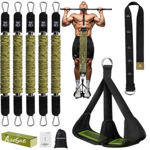 lot 1772 image: ALongSong Pull Up Assistance Bands with Foot Support Pedal Upgraded Heavy Duty Resistance Bands Adjustable WeightHeight with 5x80Lbs Bands&Measured Strap for Strength Training Home Gym Workout-Green - Retail $42