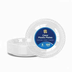 lot 1781 image: R-kay 50 Pack 6 Inch Clear Plastic Plates - Heavy Duty Small Dessert Plates - Microwavable Small Appetizer Plates - Premium 6 inch Disposable Plates - Retail $10