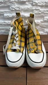 lot 16 image: Chosen Steps (Size7) High-Top Plaid Sneakers - Yellow Black White Lace-Up Canvas