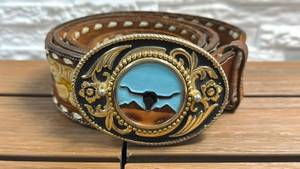 lot 24 image: Tony Lama 42 Tooled Leather Belt with Floral Inlay
