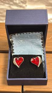 lot 39 image: CDE Heart Stud Earrings Red Crystal Rhinestone Pair