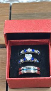 lot 74 image: 3-Piece Wedding Ring Set with Heart Stone and Blue Accents