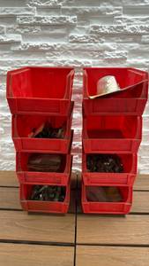 lot 88 image: Lot of 8 AkroBins Stackable Red Plastic Storage Bins with Assorted Hardware