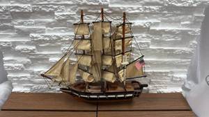 lot 91 image: Sailing Ship Model - Three Masts w Canvas Sails & American Flag
