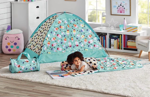 lot 131 image: Members Mark 3-Piece Tent and Sleeping Bag Boba Tea Slumber Set
