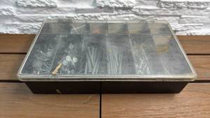 lot 217 image: Plastic Compartment Storage Box with Assorted Fasteners and Relays