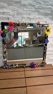 lot 231 image: Decorative Wall Mirror with Embellished Black Frame and Colorful Ornaments (16x16)