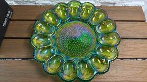 lot 245 image: Indiana Glass Deviled Egg Plate - Green Glass 15 Compartment Serving Dish