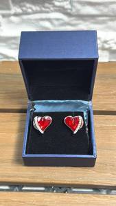 lot 256 image: Pair Heart Stud Earrings Red Crystal Silver-Tone