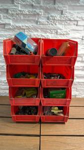 lot 264 image: AkroBins Lot of 8 - Red Plastic Stackable 5x4x3 Storage Bins with Assorted Hardware