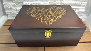 lot 271 image: Brown Decorative Box with Gold Heart Design and Brass Latch (12x8.5x5)