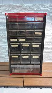 lot 304 image: 17-Inch Multi-Drawer Plastic Parts Storage Organizer Cabinet (Red & Black)