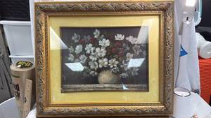 lot 322 image: Framed Floral Still Life Print - White and Red Flowers w Dark Background (24.5x20.5)