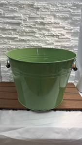 lot 323 image: Green Metal Bucket with Handles and Wood Grip (11 Tall, 14.5 Diameter)
