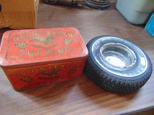 lot 3207 image: Tire ashtray and tobacco tin